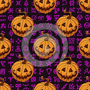 Halloween seamless pattern with pumpkins on ancient scripts background