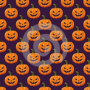 Halloween seamless pattern of pumpkins and bats on a purple background