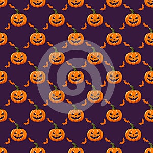Halloween seamless pattern of pumpkins and bats on a purple background