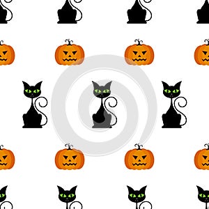 Halloween seamless pattern with pumpkins, black cat.
