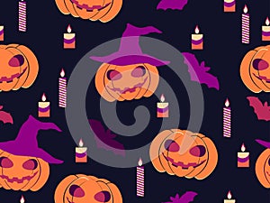 Halloween seamless pattern with pumpkins, candles and bats. Celebration background for promotional materials, print