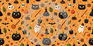 Halloween seamless pattern with pumpkins, ghost, witch hat, broom, pumpkin, witch cauldron, potion, witch hat, black cat, pumpkin.
