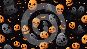 halloween seamless pattern with pumpkins and ghosts on black background