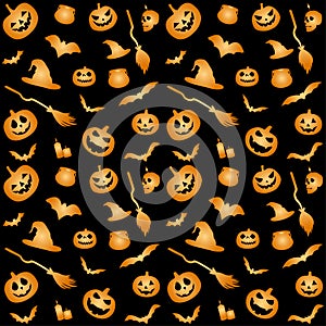 Halloween seamless pattern with pumpkins, skulls, bats, and other elements. Orange silhouettes on black background