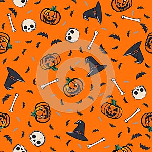 Halloween seamless pattern of pumpkins, skulls, witch hats