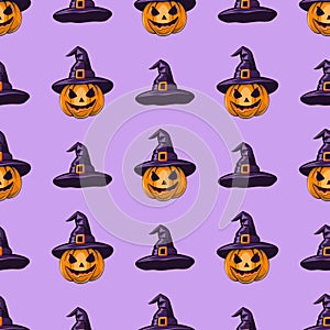 Halloween seamless pattern of pumpkins and witch hats on a purple background