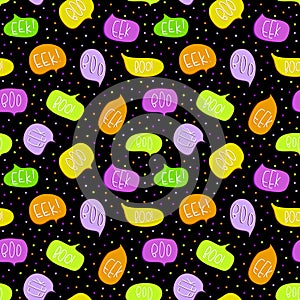 Halloween seamless pattern related boo and eek text and design on colored orange purple and green talk bubbles on black background