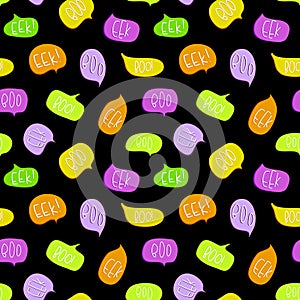 Halloween seamless pattern related boo and eek text and design on colored orange purple and green talk bubbles on black background photo