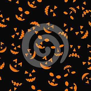 Halloween seamless pattern with scary pumpkin faces on black background. Easy to edit vector template for greeting card, banner,