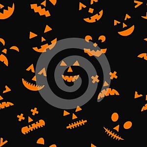 Halloween seamless pattern with scary pumpkin faces on black background. Easy to edit vector template for greeting card, banner,