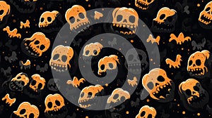 halloween seamless pattern with skulls and bats on a black background