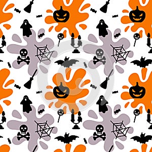 Halloween seamless pattern with a spider net, candles, ghost, bat, pumpkin, skull and crossbones on white background. Children