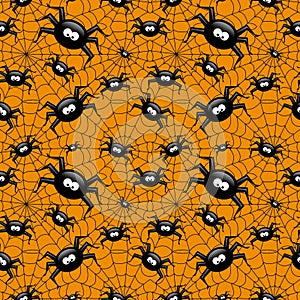 Halloween seamless pattern with spider and spiders web over oran