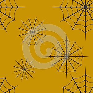 Halloween seamless pattern with spider web. Vector illustration in black on a yellow background. Banner, invitations, wallpaper,