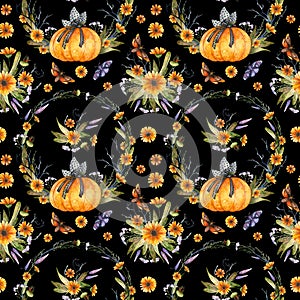 Halloween seamless pattern with watercolor pumpkins, butterflies and gothic floral arrangements