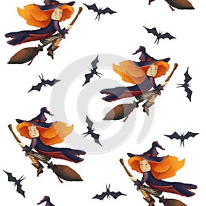 Halloween. Seamless pattern with a witch and bat. Fantastic illustration. Lovely girl on a broom. on a white background