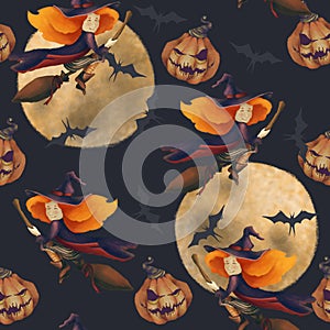 Halloween. Seamless pattern with a witch and moon and bat. Fantastic illustration. girl on a broom on a dark blue