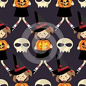 Halloween seamless pattern with young witch.
