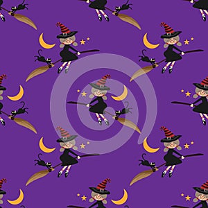 Halloween seamless pattern with young witch.