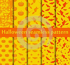 Halloween seamless patterns set. Pattern with Lamp Jack, Bats and witch. Halloween symbols. Vector