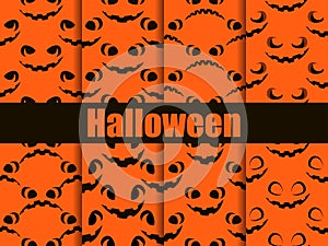 Halloween seamless patterns set. Scary faces, jack-o-lantern pumpkin icon. Vector