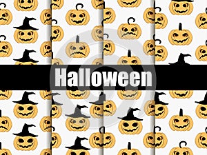 Halloween seamless patterns set. Scary faces, jack-o-lantern pumpkin icon. Vector