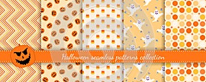 Halloween seamless patterns set. Vector collection of funny holiday textures