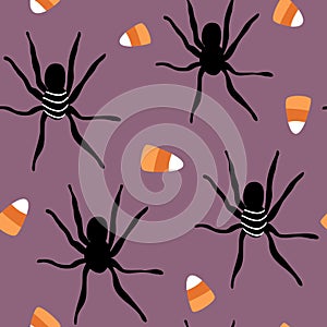 Cute halloween seamless vector pattern background illustration with black spiders and candy corn