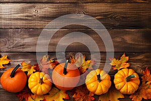 halloween season leaf autumn decoration orange background pumpkin fall wooden wood. Generative AI.