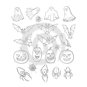 Halloween set. A collection of decorative elements. Pumpkin head, bats, ghosts and poltergeists, spider and cobwebs.