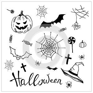 Halloween set. Collection os simple doodle elements for halloween holiday design. Hand drawn illustrations. Vector