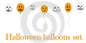 Halloween set of colorful balloons white and orange with scary faces for banner, poster, greeting card or party invitation