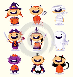 Halloween set of cute cartoon children in colorful costumes