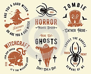 Halloween set of designs or collection of emblems for Halloween party and mystery night