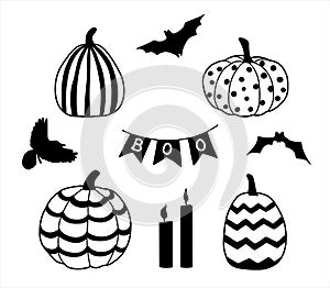 Halloween set. Doodle set with stylized pumpkins, bats, crow and candles