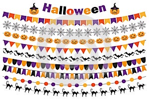 Halloween set of festive decorations flags, bunting, garland. Collection of elements for your design. on white