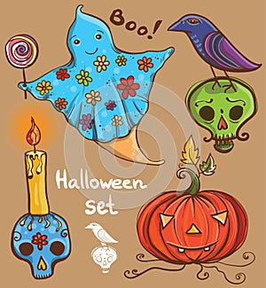 Halloween set with ghost, raven, pumpkin, skull, candle