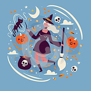 Halloween set with isolated cartoon style images of mysterious characters and holiday accessories on blank background