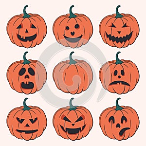 Halloween set of isolated pumpkins. Vector illustration