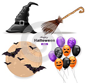 Halloween set moon, balloons, witch hat and broomstick Vector