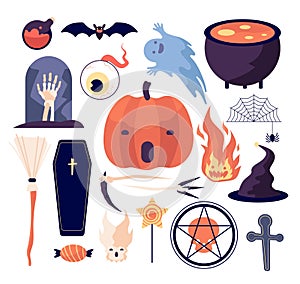 Halloween set. Spiderweb and pumpkin, bat and coffin, grave and moon, broom and skull, dead hand and candle, eye and