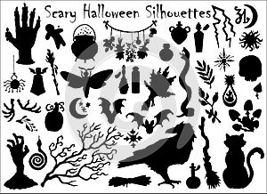 Halloween set with traditional scary silhouettes of crow, pumpkin, cat and others