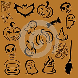 Halloween set of vector images in black on an orange background