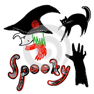 Halloween set. Witch head in a hat, scarf. Black cat silhouette with green eyes arches his back. Black scary zombie hand