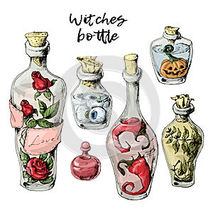 Halloween set of withered bottles with a potion and trophies.