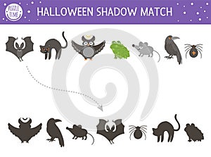 Halloween shadow matching activity for children. Autumn puzzle with scary animals. Educational game for kids with black cat, bat,