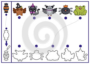 Halloween shape matching, coloring and drawing activity. Autumn holiday puzzle with cute kawaii owl, bat, cat, frog, spider. Find