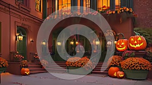 Halloween short illustrated spooky banner with pumpkins, ghosts, skeletons, atmosphere of darkness and fear