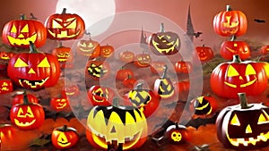 Halloween short illustrated spooky banner with pumpkins, ghosts, skeletons, atmosphere of darkness and fear