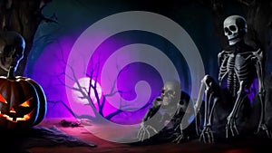 Halloween short illustrated spooky banner with pumpkins, ghosts, skeletons, atmosphere of darkness and fear